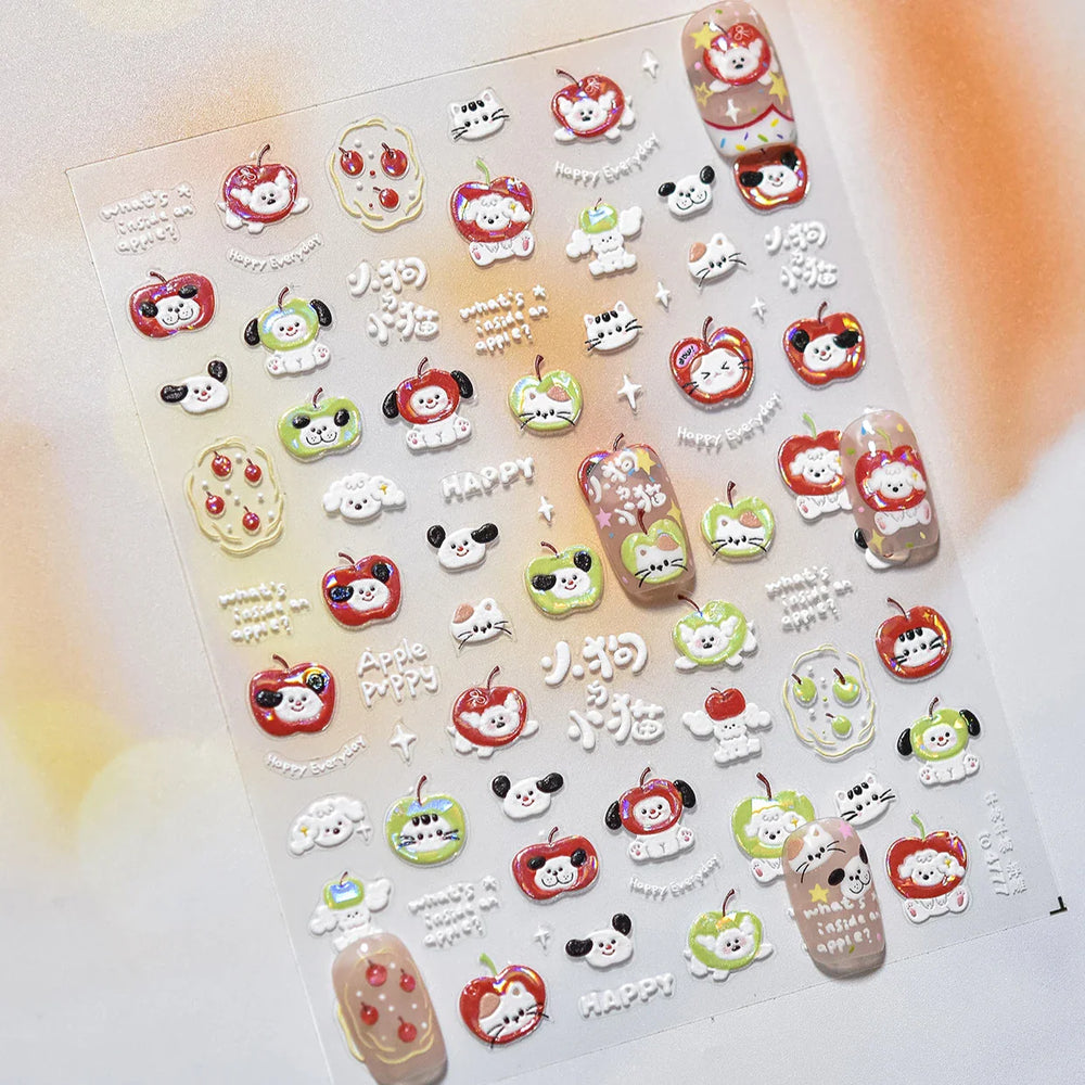 Cute Apple Fruit Dog Puppy Cat Kitten Adhesive Nail Art Sticker Charming Delicate Rhinestone Shiny Manicure Decals Nail Supplies (ONLINE ORDER ONLY)