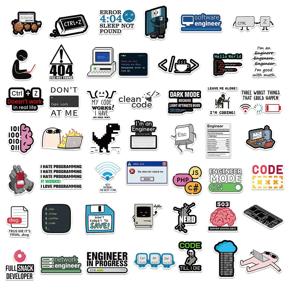 50/100pcs Network Hacker Programming Stickers Funny Cartoon IT Engineer Computer Sticker Luggage Laptop Guitar Phone Decals (Online Order Only)
