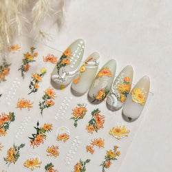 Antique Changle Flower Chrysanthemum Jade Pendant Feathers Green Leaf Adhesive Nail Art Stickers Flat Embossment Manicure Decals (Online Order Only)
