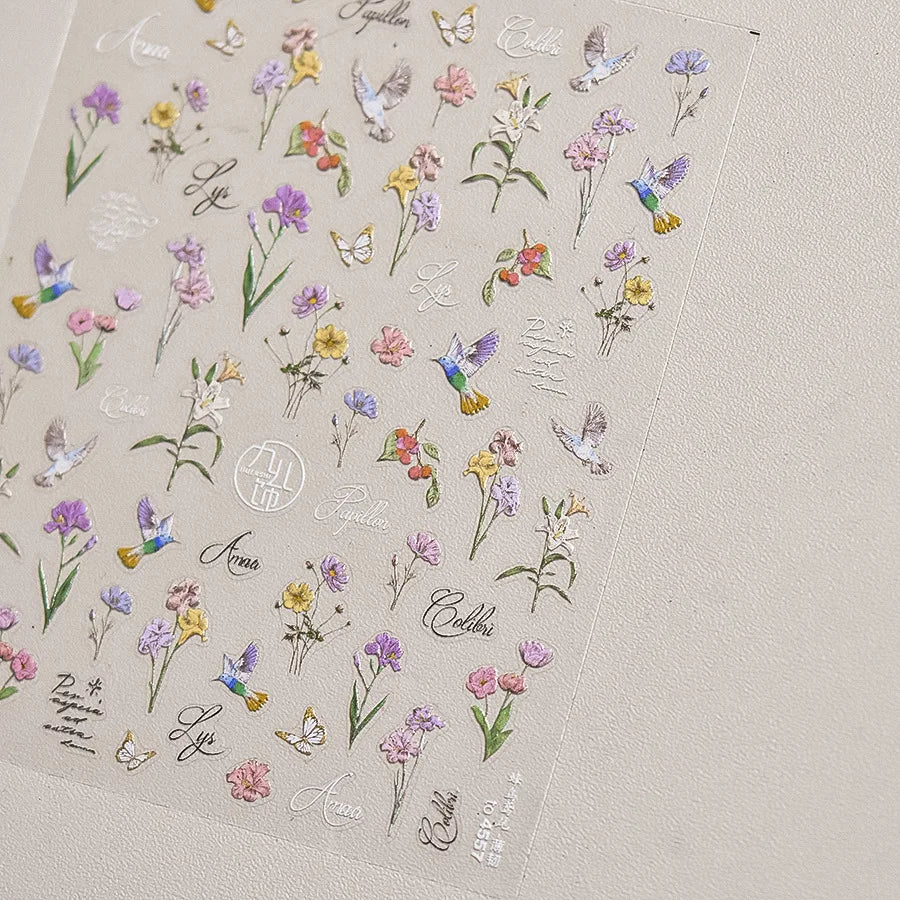 Hummingbird Iris Butterfly Peony Rose Tulip Daisy Lily Flowers Morning Glory Pearl Rhinestones Nail Art Sticker Decoration Decal (ONLINE ORDER ONLY)