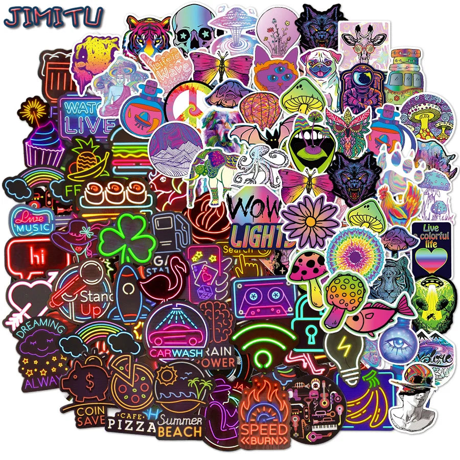 110Pcs Psychedelic Mushroom Stickers Neon Light Waterproof Stickers Suitable for Laptop Helmets Bicycles Children's Gift Sticker (Online Order Only)