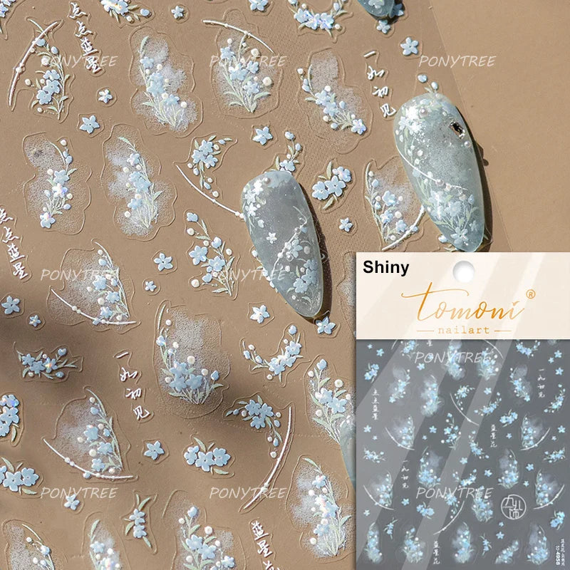 Mini Three Leaf Flower Magnolia Lotus Flower Stem Gradual Petal Line Arc Metal Sillver Delicate Nail Art Stickers Manicure Decal (Online Order Only)