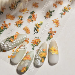 Antique Changle Flower Chrysanthemum Jade Pendant Feathers Green Leaf Adhesive Nail Art Stickers Flat Embossment Manicure Decals (Online Order Only)
