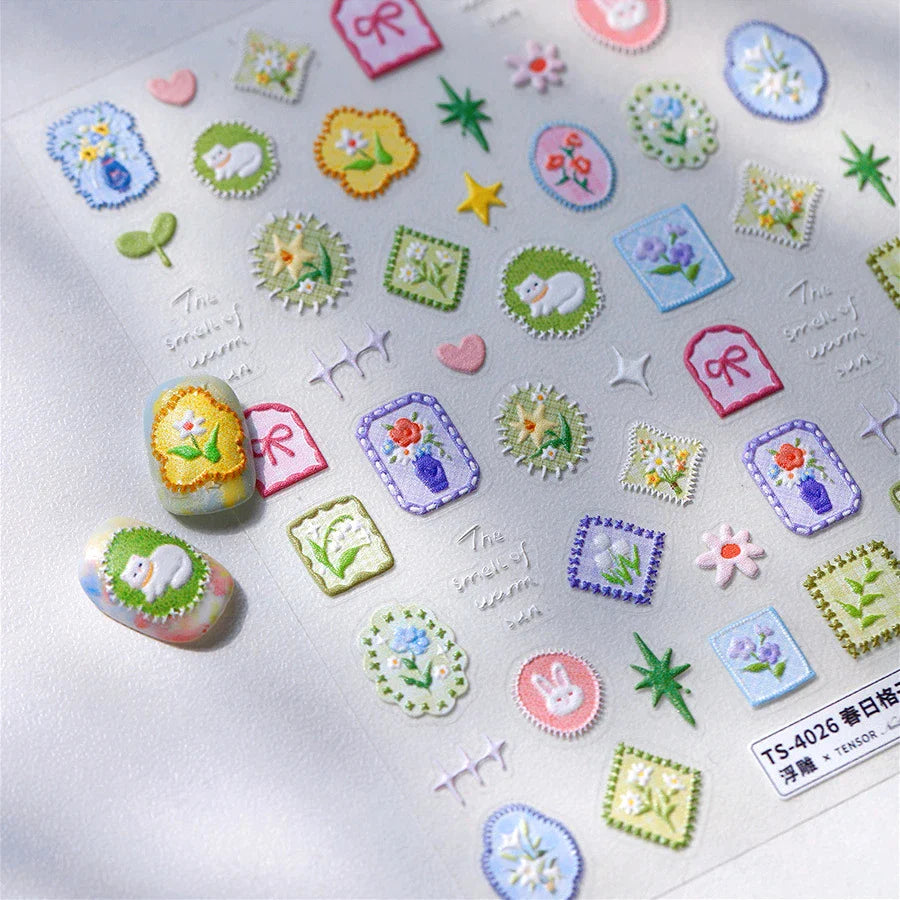 Cat Kitten Rabbit Flower Bouquet Bowknot Vase Bunny Grid Star Blocks Round Warm Sun Decoration Nail Art Stickers Manicure Decals (ONLINE ORDER ONLY)