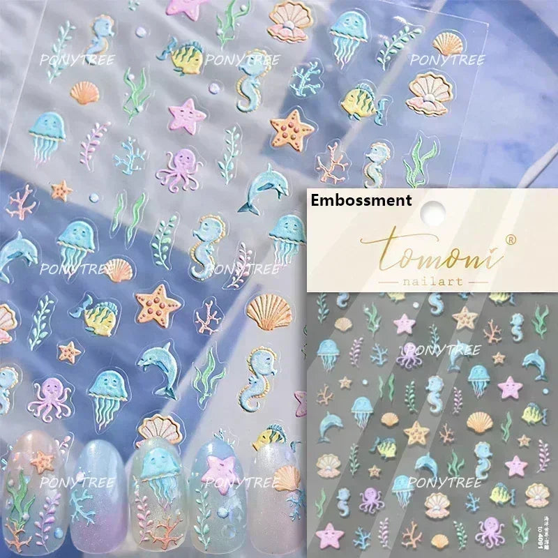 Hot Stamping Laser Shell Conch Starfish Pearl Whale Coral Dolphin Summer Beach Sea Wave Jellyfish Bubble Nail Art Stickers Decal (ONLINE ORDER ONLY)