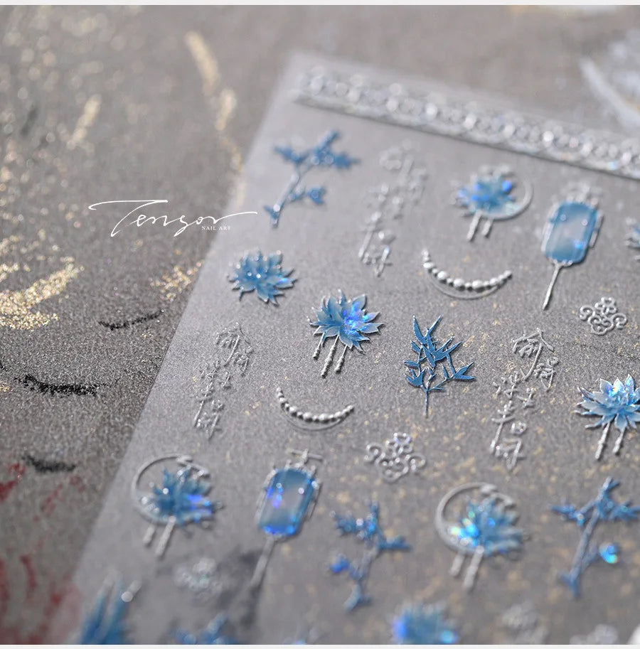 Retro Blue Lotus Flower Arrangement Vase Lantern Totem Pattern Bamboo Leaf Self Adhesive Nail Art Stickers Shiny Manicure Decals (ONLINE ORDER ONLY)