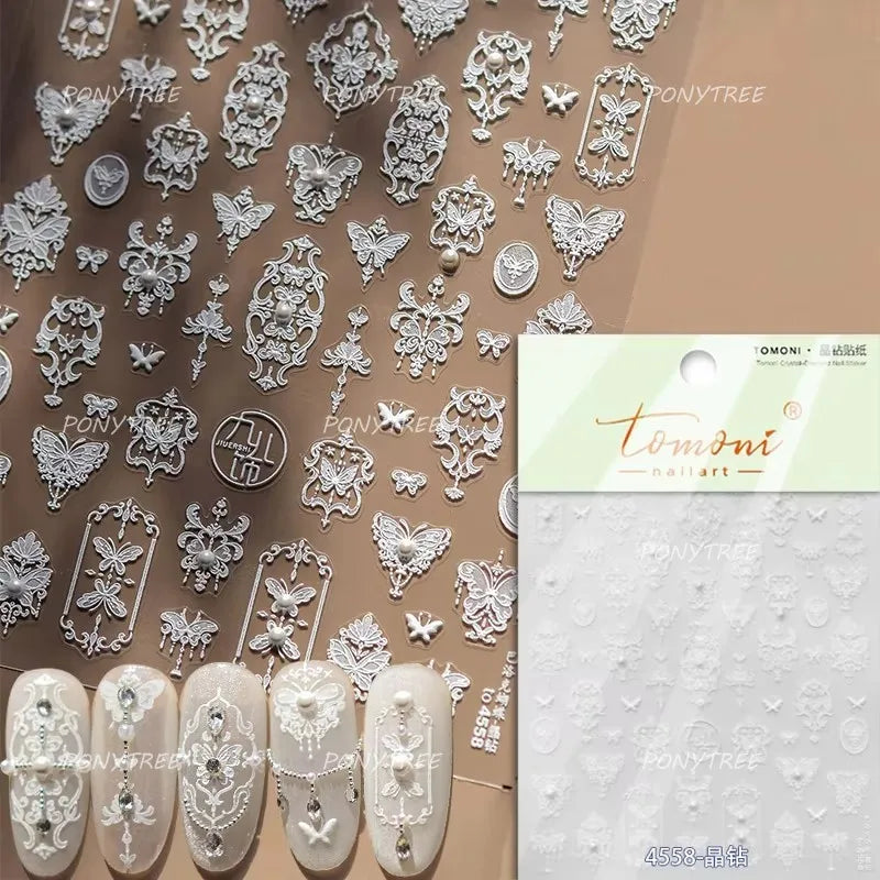 Butterfly Flower Hollow Out Lace Delicate Floral Print Shiny Cloth Block Insect Self Adhesive Nail Art Stickers Manicure Decals (Online Order Only)