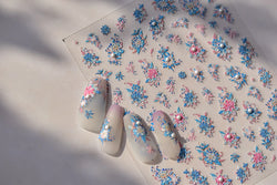 Delicate Shiny Pink Flower Blue Hairpin with Flower Decoration Self Adhesive Nail Art Stickers Pearl Rhinestone Manicure Decals (Online Order Only)