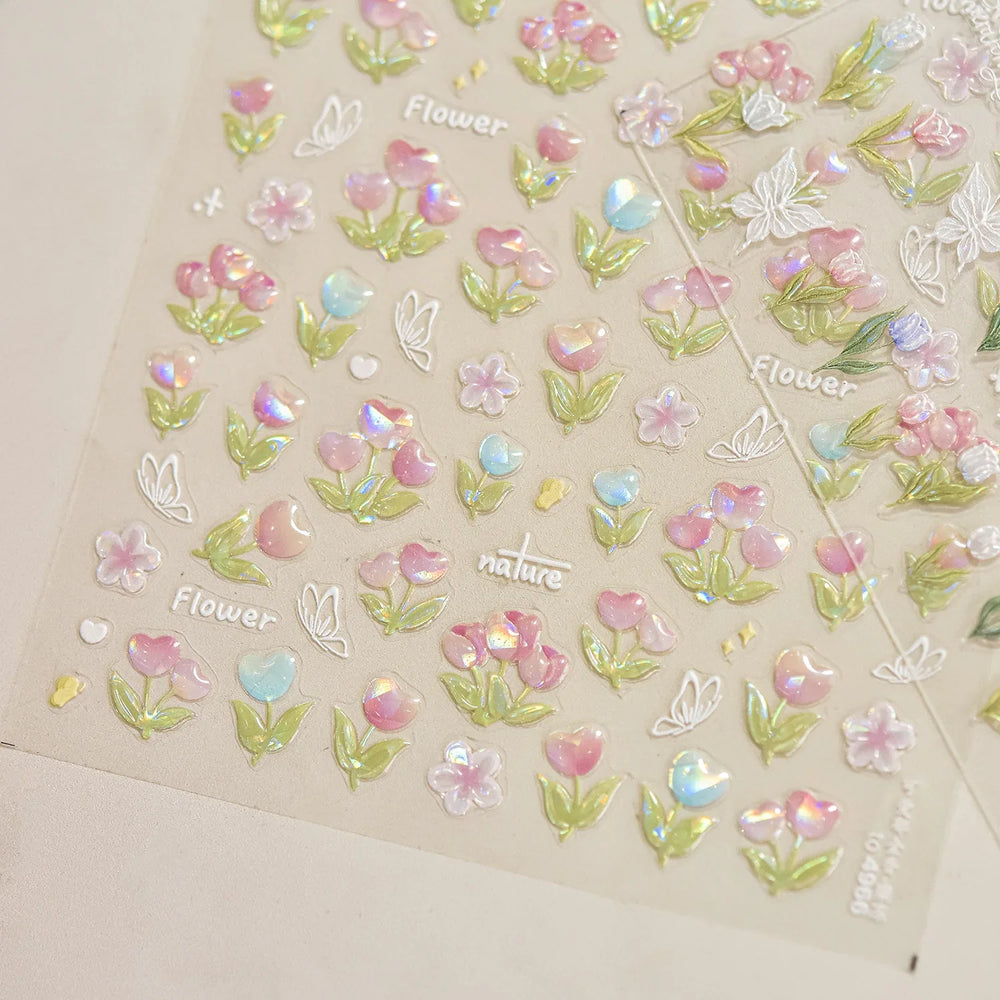 Cute  Pink Blue Nature Tulip Star Heart Butterfly Peach Blossom Jelly Embossed Relief Adhesive Nail Art Stickers Manicure Decals (ONLINE ORDER ONLY)