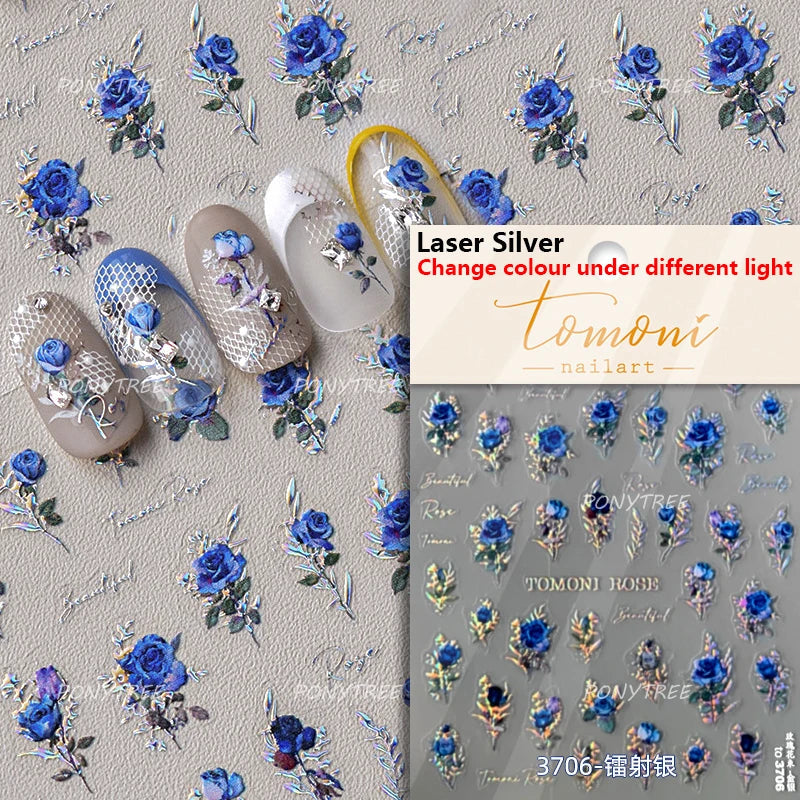 Retro Rose Flowers Bowknot Petal Romantic 5D Soft Embossed Relief Self Adhesive Nail Art Decoration Stickers 3D Manicure Decals (ONLINE ORDER ONLY)