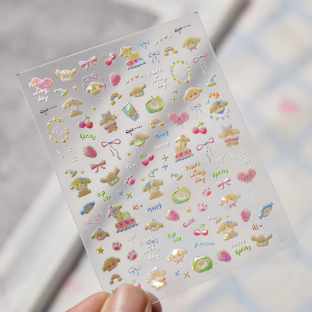 Small Animals Meeting Dog Cat Kitten Bowknot Cherry Butterfly Wreath Paw Star Hat Self Adhesive Nail Art Stickers Manicure Decal (ONLINE ORDER ONLY)