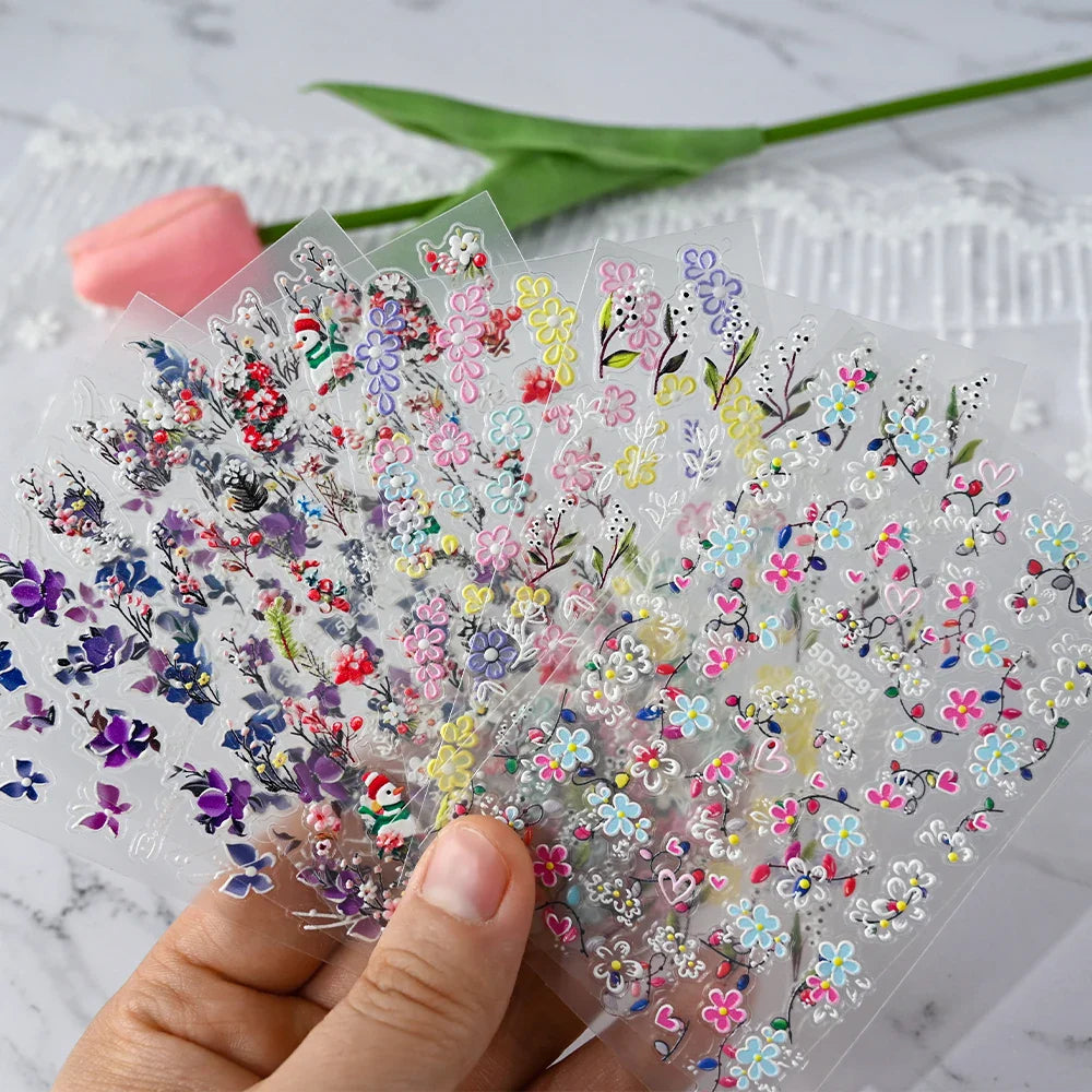Painting Purple Flower Nail Sticker Daisy Wildflowers Butterfly Gradient Design Decal Geometry Line Charm Foils Manicure Sliders (ONLINE ORDER ONLY)