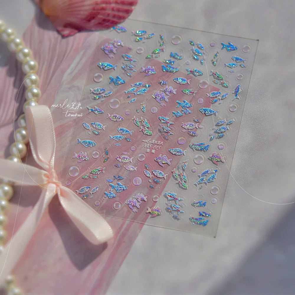 Colorful Shoal of Fish Whale Ocean Shell Conch Starfish Summer Sea Jellyfish Bubble Nail Art Decoration Sticker Manicure Decals (ONLINE ORDER ONLY)