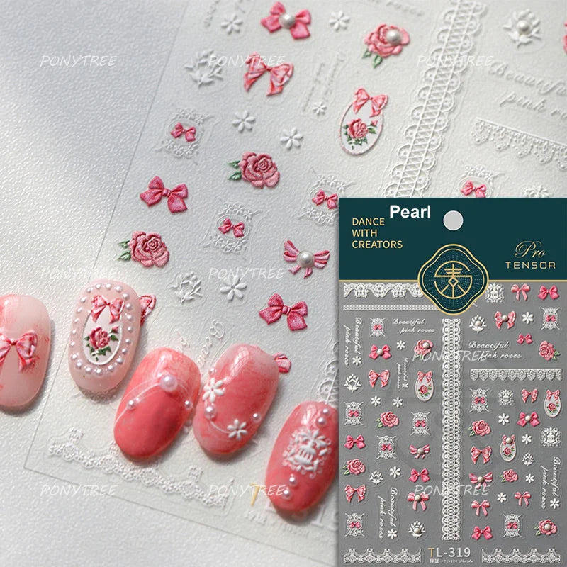 French Chic Mini Pink Rose Flower Bowknot Lace Ribbon Pearl White Little Flower Self Adhesive Nail Art Stickers Manicure Decals (ONLINE ORDER ONLY)