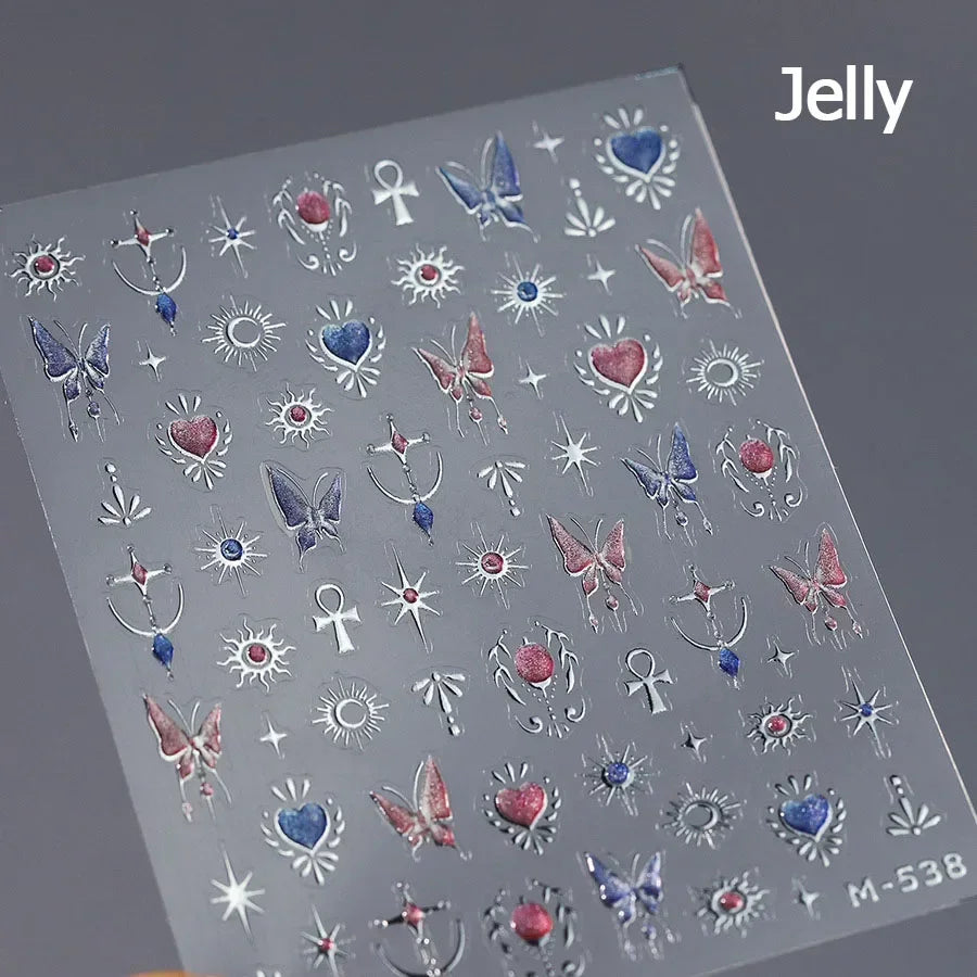 Flat Small Pink Brown Halo Dyeing Love Heart Geometric Leopard Shiny Jelly Chic Embossed Relief Nail Art Stickers Manicure Decal (Online Order Only)