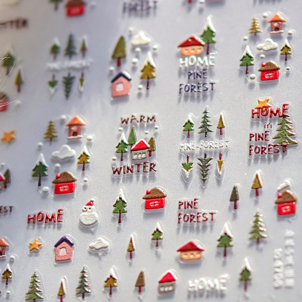 Snowman Tree House Cedar White Pine Forest Warm Winter Cloud Self Adhesive Nail Art Stickers Snowflake Star Snow Manicure Decals (ONLINE ORDER ONLY)