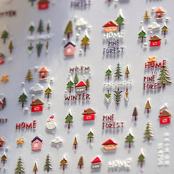 Snowman Tree House Cedar White Pine Forest Warm Winter Cloud Self Adhesive Nail Art Stickers Snowflake Star Snow Manicure Decals (ONLINE ORDER ONLY)