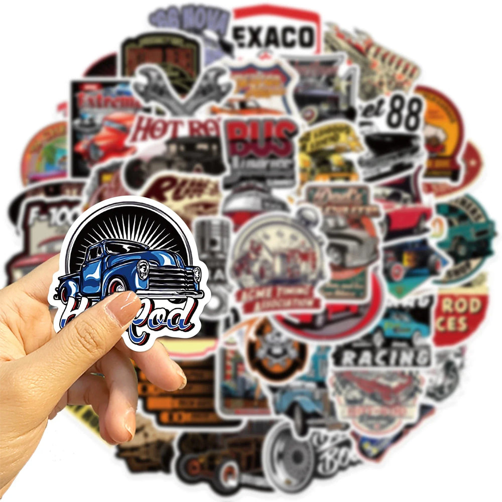 50PCS Cartoon Retro Classic Car Sticker Graffiti Waterproof Creative Trendy For Skateboard Water Cup Personalized Decal Stickers (Online Order Only)