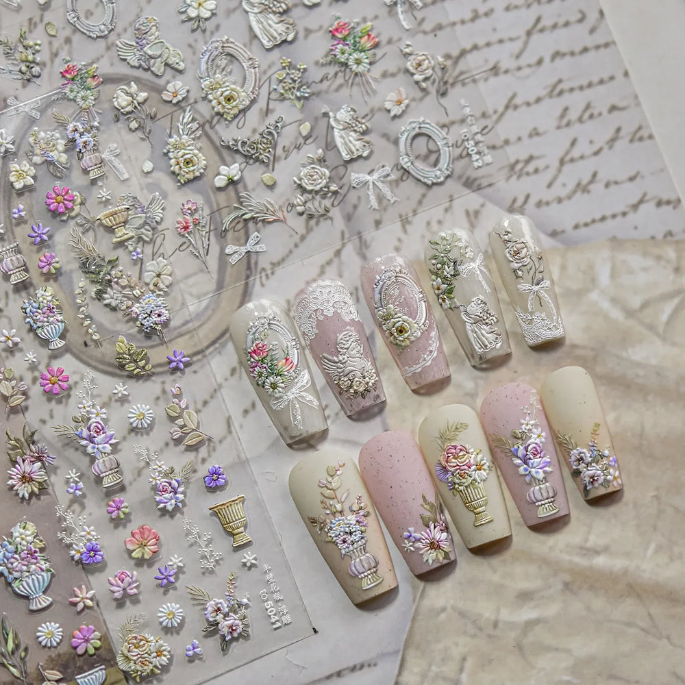 Angel Bowknot Stone Statue Vintage Photo Frame Flower Bed Bouquet Garden Rose Crown Adhesive Nail Art Stickers Manicure Decals (ONLINE ORDER ONLY)