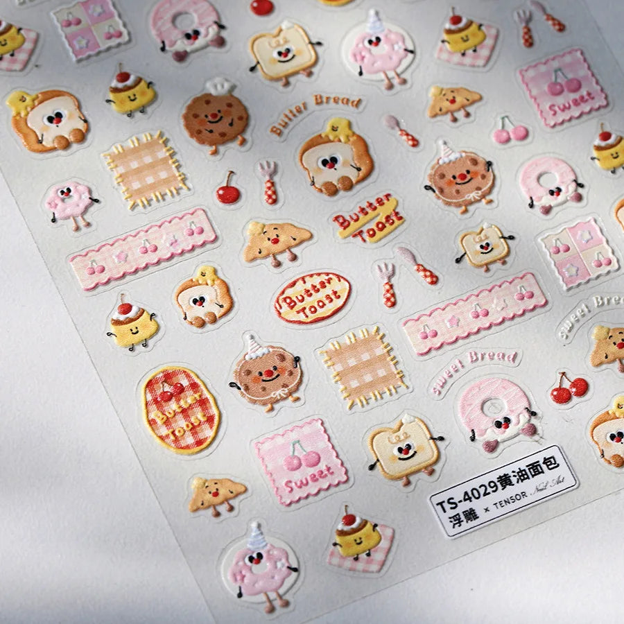 Toast Butter Brioche Bread Dim Sum Cookie Cherry Pudding Food Fork Doughnut Relief Adhesive Nail Art Stickers Manicure Decals (ONLINE ORDER ONLY)