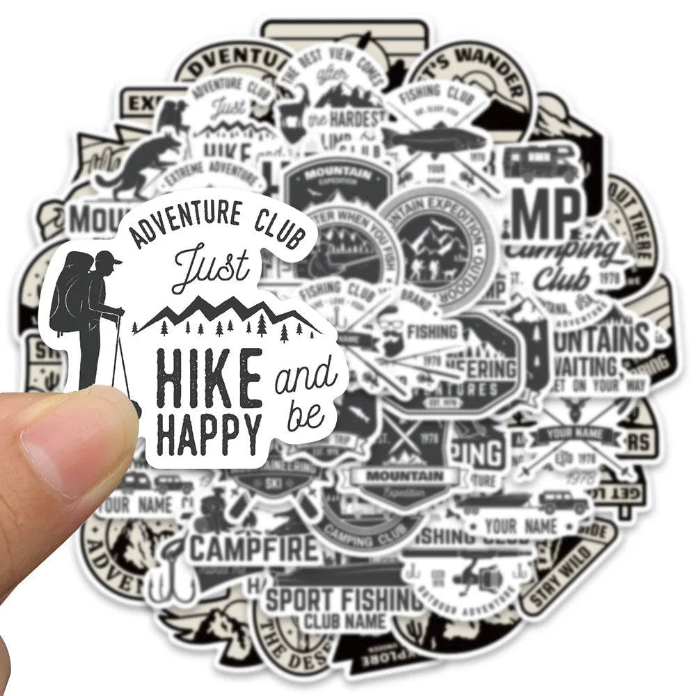 50Pcs Black and White Outdoor Sports Stickers Classic Car Motorcycle Skateboard Phone Laptop Adventure Stickers Wholesale (ONLINE ORDER ONLY)