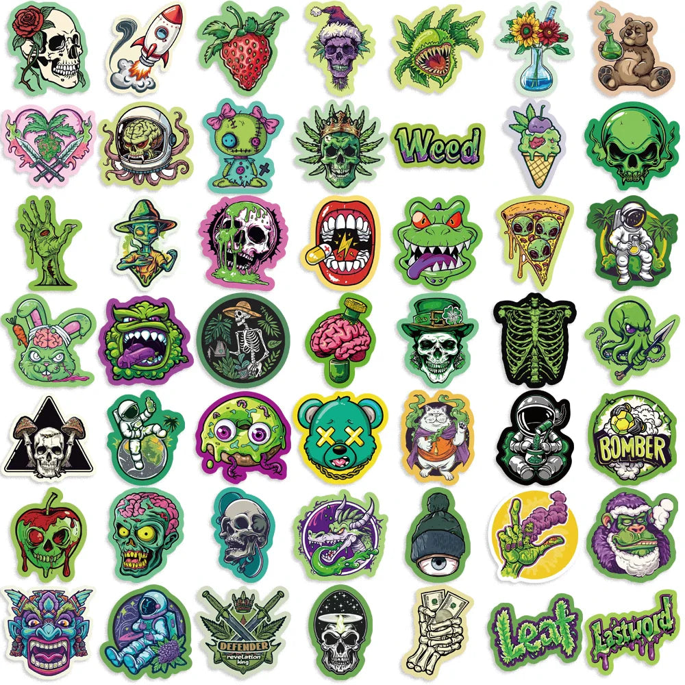 50pcs Green Skull Graffiti Stickers Flower Waterproof DIY For Water Bottle Laptop Phone Skateboard For Adults Teens Sticker﻿ (ONLINE ORDER ONLY)