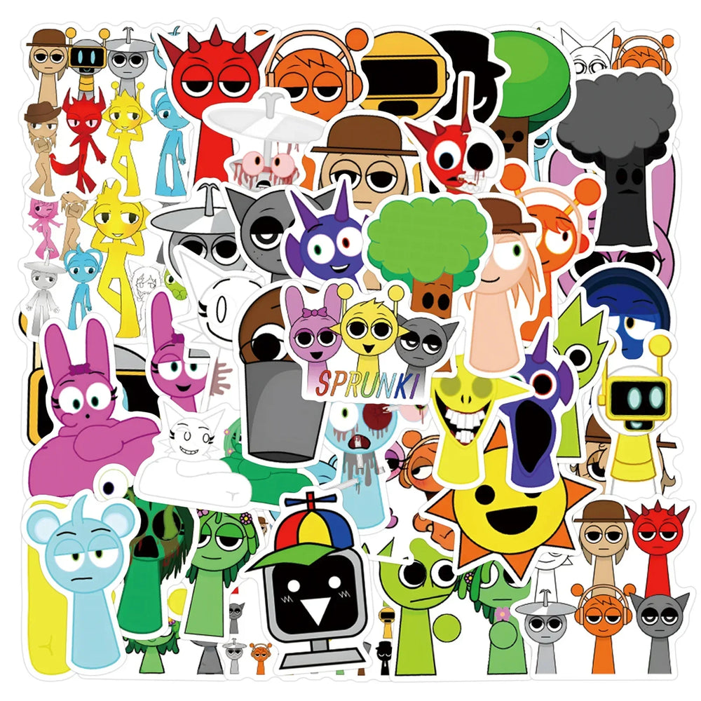 Incredibox Sprunki Stickers: 10/30/55pcs Cartoon Decals for Kids, DIY Phone, Laptop, Bike, Car (Online Order Only)