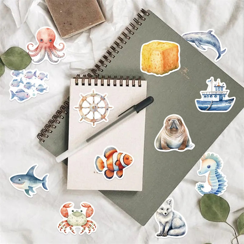10/30/50PCS Fresh Sea Animal PVC Sticky Sticker Aesthetic DIY Korean Stationery Decoration Scrapbooking School Supplies for Kids (Online Order Only)