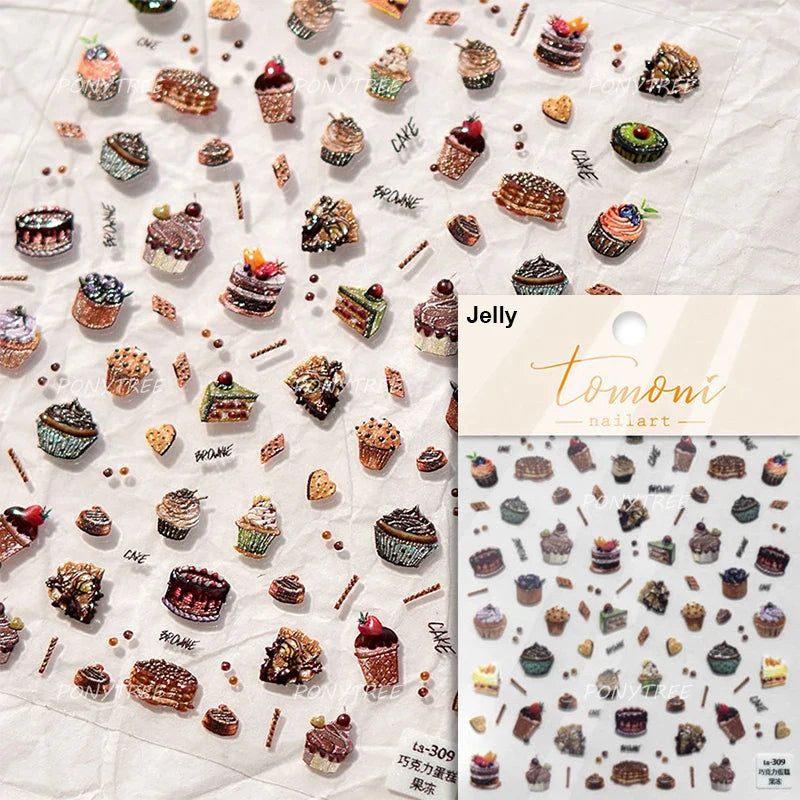 Toast Butter Brioche Bread Dim Sum Cookie Cherry Pudding Food Fork Doughnut Relief Adhesive Nail Art Stickers Manicure Decals (ONLINE ORDER ONLY)