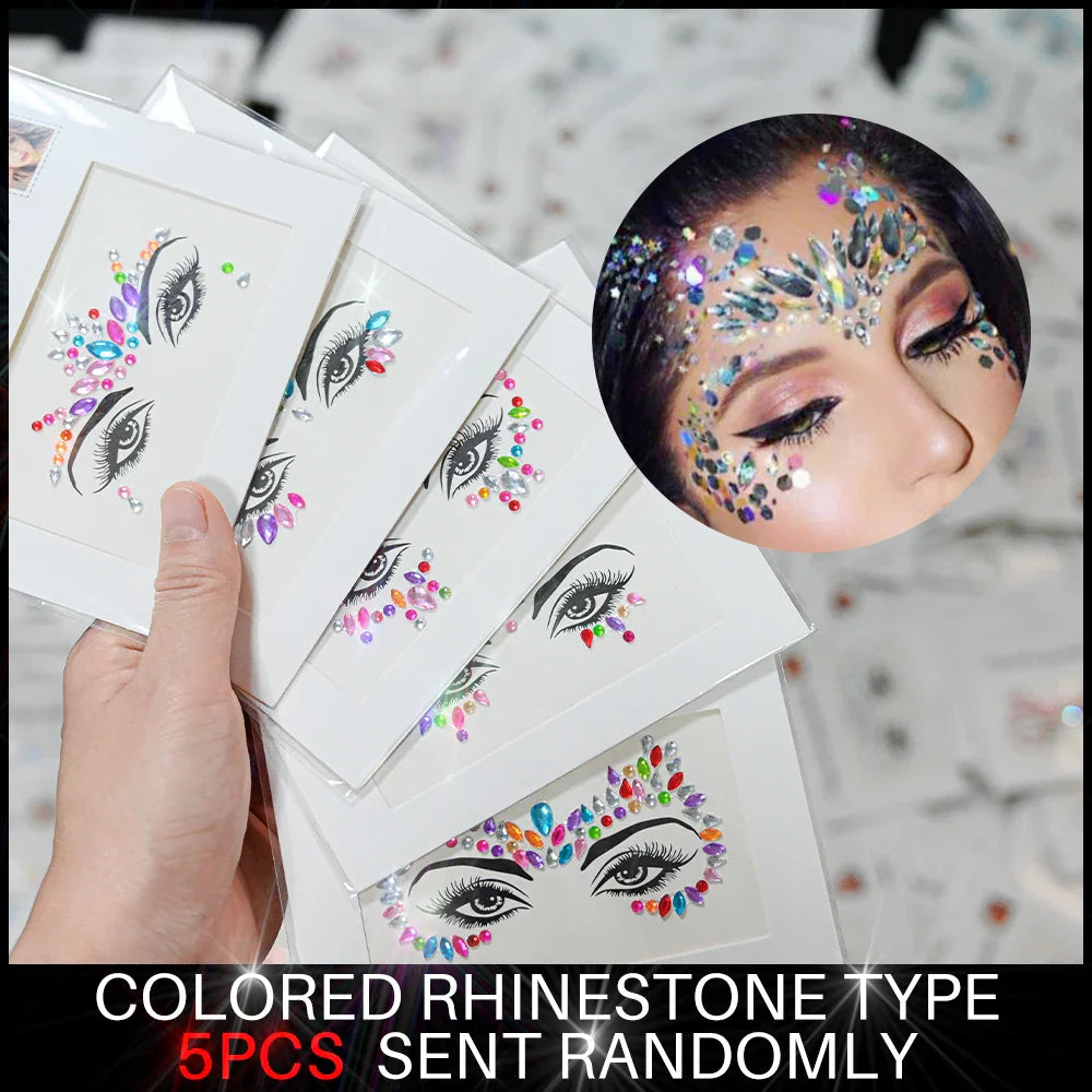 5Pcs Coloful Glitter Face Jewelry Sticker Crystal Eye Body Face Jewels Bady Makeup Tools Temporary Self-Adhesive Nail Rhinestone (ONLINE ORDER ONLY)