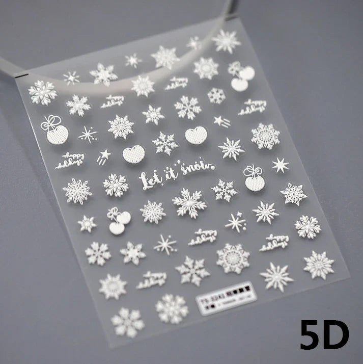 Hot Stamping Romantic White Gold Snowflakes Hexagon Winter 3D Self Adhesive Nail Art Stickers Shiny Rhinestone Manicure Decals (Online Order Only)