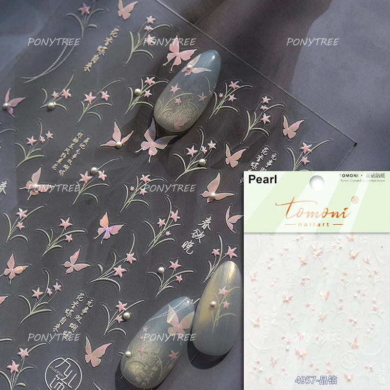 Vigorous Pink Orchid Cymbidium Antique Fragrant Thoroughwort Grass Butterfly Adhesive Nail Art Sticker Plant 3D Manicure Decals (ONLINE ORDER ONLY)