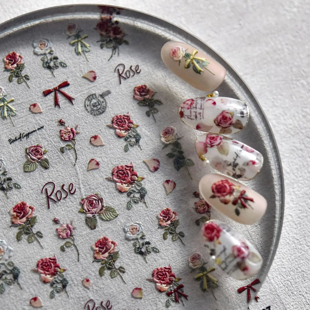 Retro Rose Flowers Bowknot Petal Romantic 5D Soft Embossed Relief Self Adhesive Nail Art Decoration Stickers 3D Manicure Decals (ONLINE ORDER ONLY)