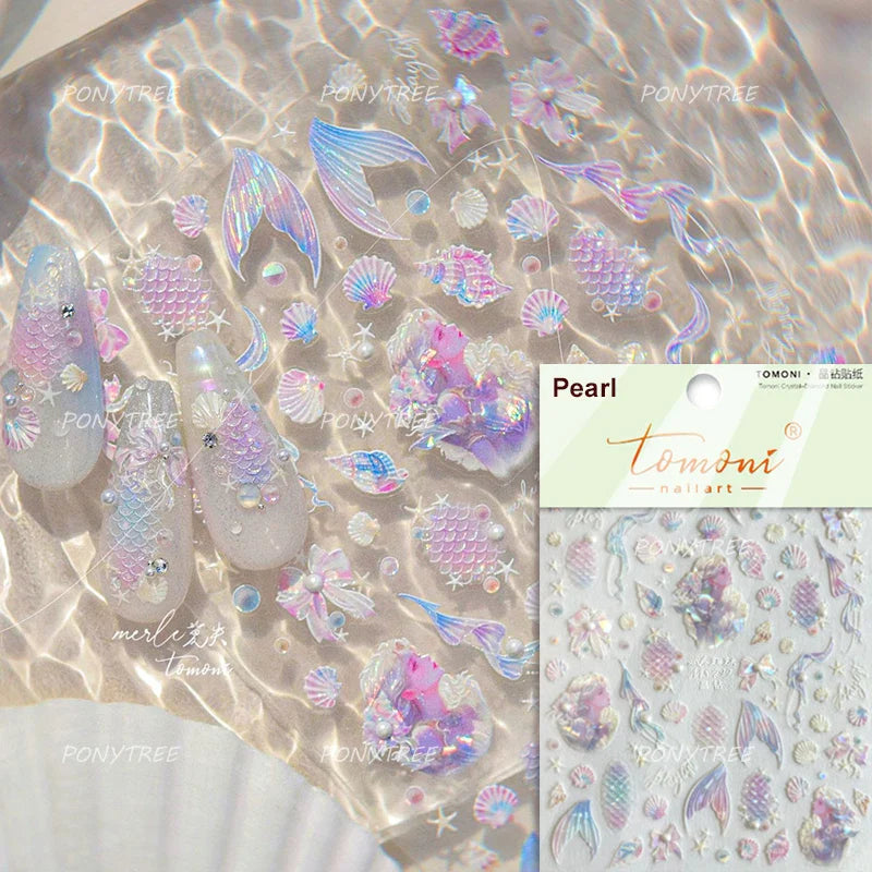 Mermaid Girl Conch Starfish Shell Bowknot Fish Scale Purple Ribbon Water Bubbles Chic Adhesive Nail Art Sticker Manicure Decals (ONLINE ORDER ONLY)