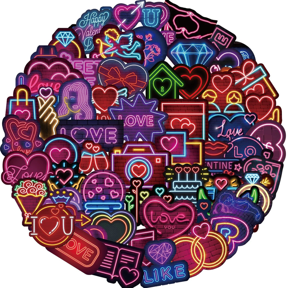 64PCS Cool Neon Light Stickers Trendy Graffiti Waterproof Vinyl Neon Stickers Pack for Phone Creative Decoration DIY Toys (ONLINE ORDER ONLY)
