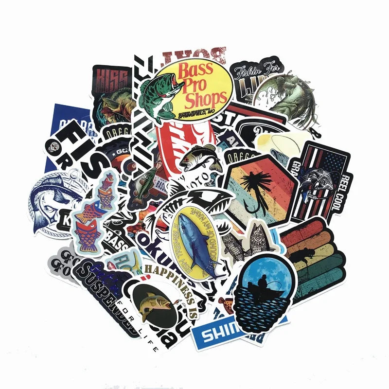 Outdoor Fishing Stickers Pack for Laptop, Skateboard, Luggage, Car, Bike Decals (Online Order Only)