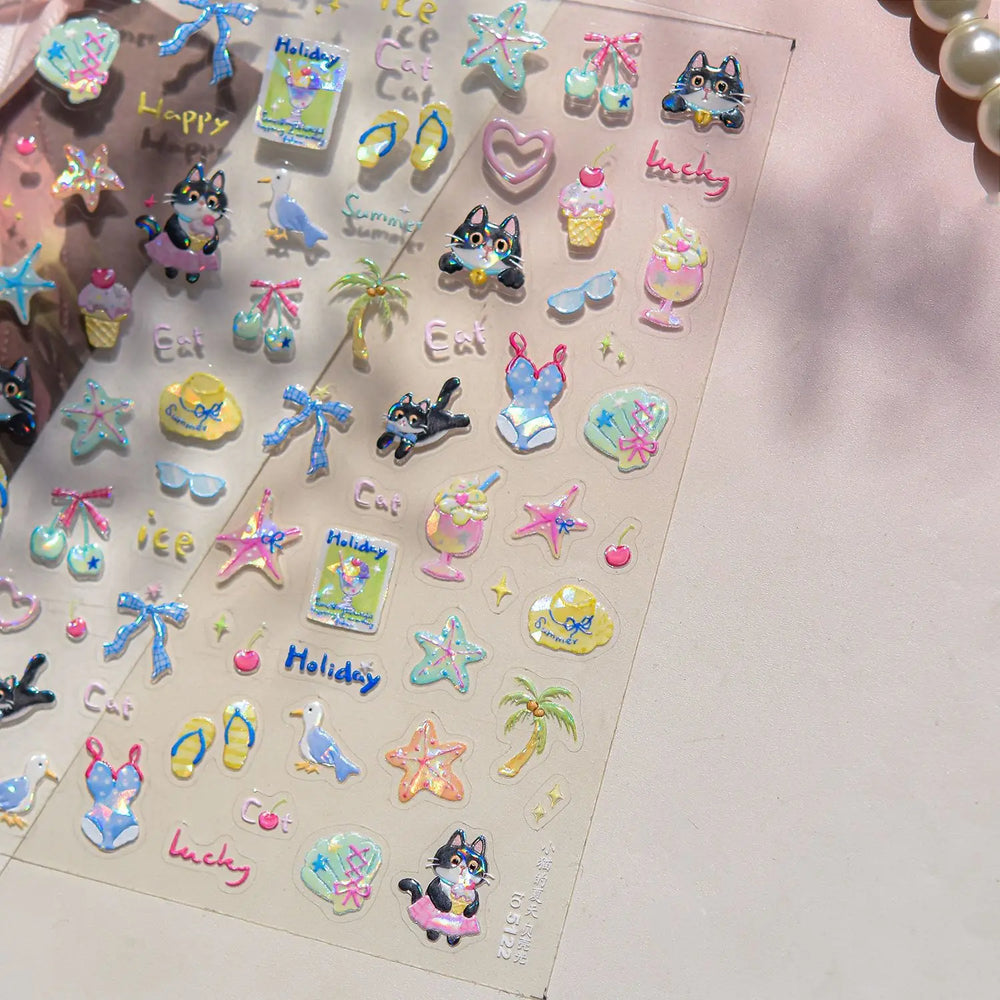 Summer Beach Bikini Watermelon Duck Cat Ice Cream Shell Coconut Tree Cherry Starfish Sunglasses Nail Art Sticker Manicure Decals (ONLINE ORDER ONLY)
