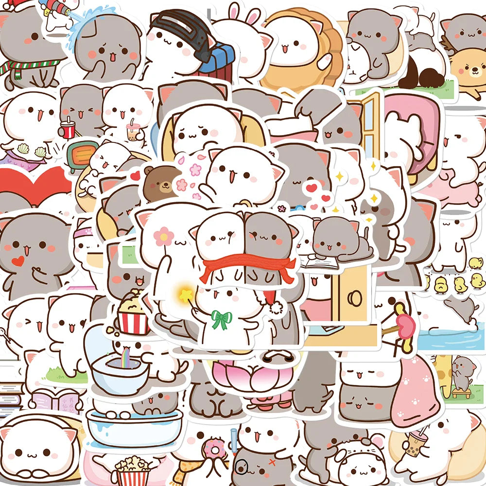60PCS Kawaii Cat Mood Sticker PVC Graffiti Sticky Aesthetic Decorative Scrapbook DIY Child Phone Stationery Supply for Kid (Online Order Only)