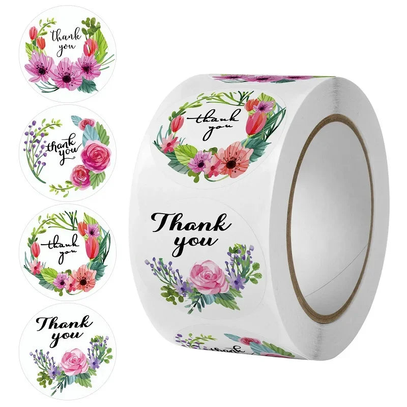 100-500PCS seals stickers Thank You Stickers for Business New Small Merci Roll Sticker Packaging Sticker Flower Rolling Label (ONLINE ORDER ONLY)