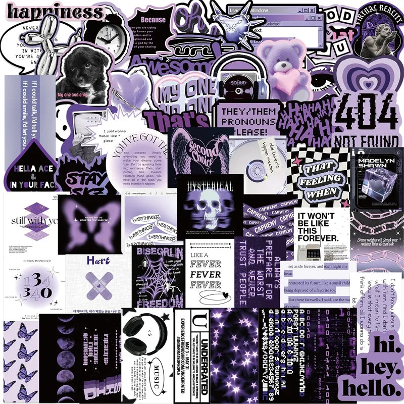 10/30/60PCS INS Purple Black PVC Sticker Aesthetic DIY Decoration Scrapbooking Stationery Hand Accounting Supplies for Kids (ONLINE ORDER ONLY)