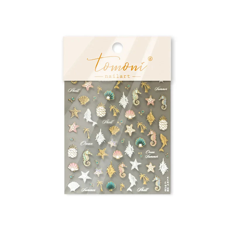 Hot Stamping Seahorse Dolphin Shell Conch Starfish Coconut Tree Jackfruit Water Bubbles Ocean Nail Art Stickers Manicure Decals (ONLINE ORDER ONLY)
