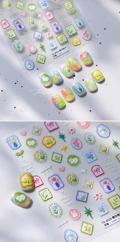 Cat Kitten Rabbit Flower Bouquet Bowknot Vase Bunny Grid Star Blocks Round Warm Sun Decoration Nail Art Stickers Manicure Decals (ONLINE ORDER ONLY)