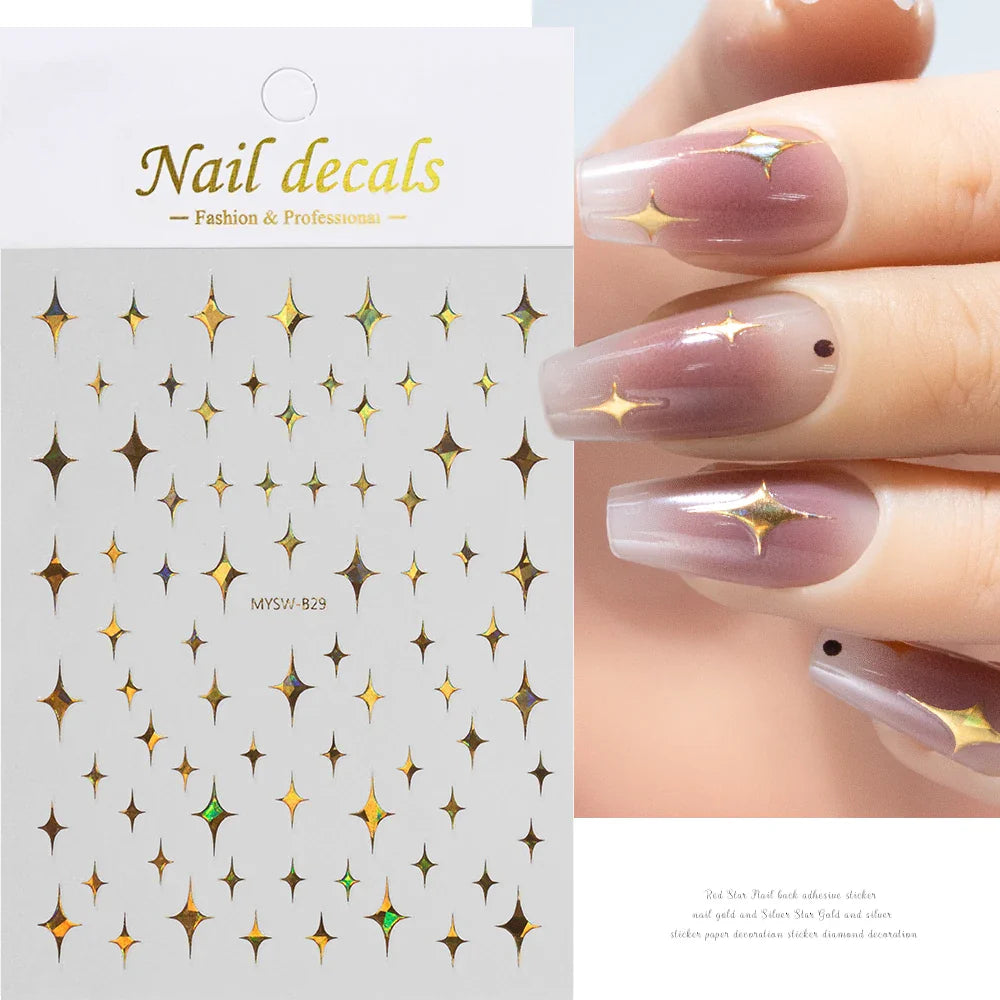 1 Sheet Star Nail Art Stickers 3d Self Adhesive Nail Decals Black White Golden Silver Color Star Design Nail Supplies Accessory (ONLINE ORDER ONLY)