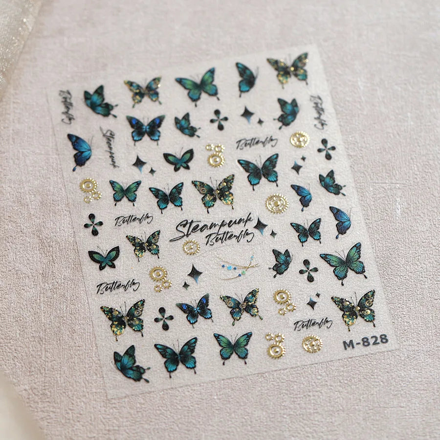 Steam Punk Butterfly Gear Green Star Gold Stamping Self Adhesive Nail Art Decoration Stickers Illusion Polarized Manicure Decals (ONLINE ORDER ONLY)