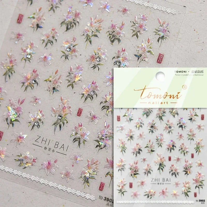 Hummingbird Iris Butterfly Peony Rose Tulip Daisy Lily Flowers Morning Glory Pearl Rhinestones Nail Art Sticker Decoration Decal (ONLINE ORDER ONLY)