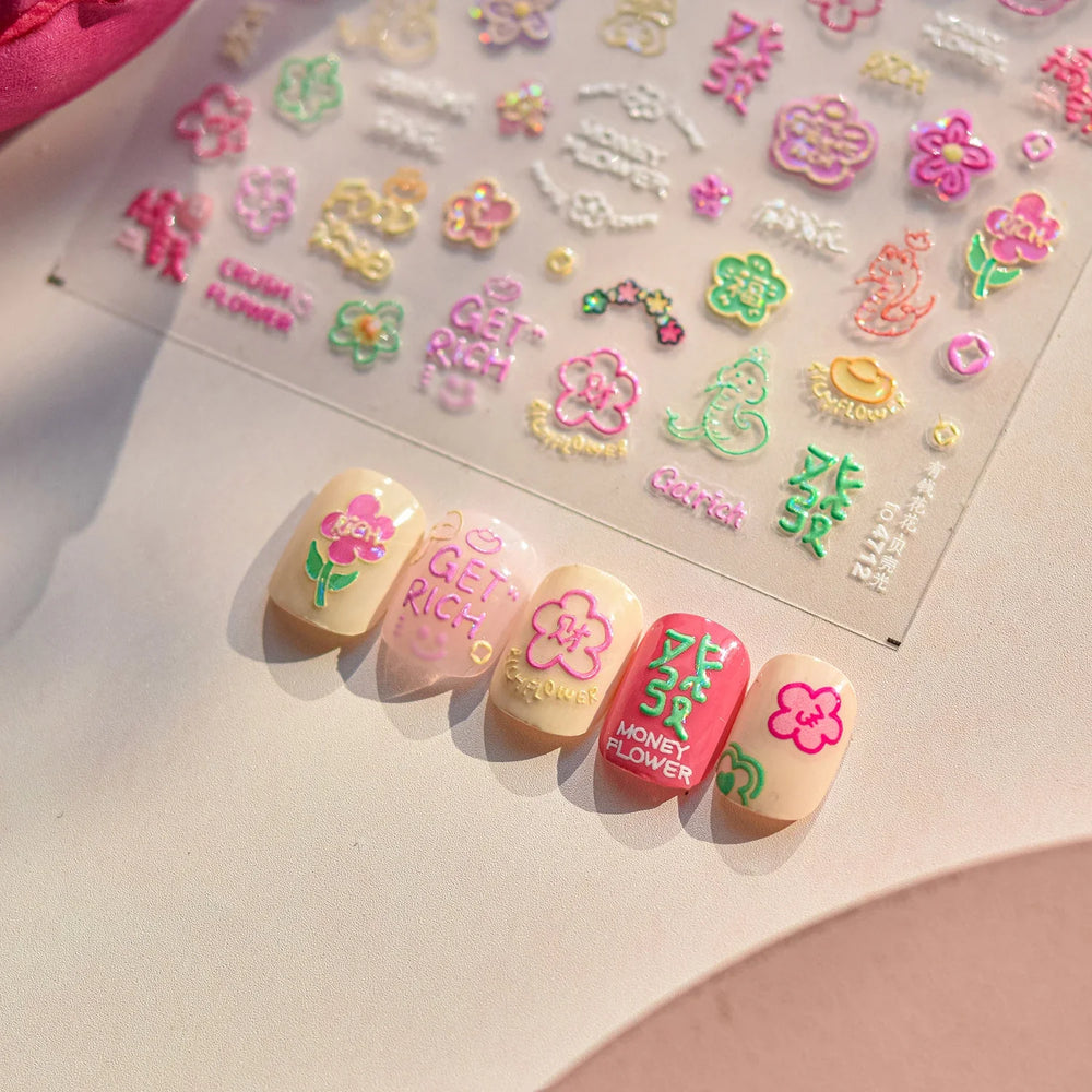 Wealthy Rich Snake Flower Coin Yuanbao Good Luck Blessing Fu Character Self Adhesive Nail Art Stickers Rhinestone Manicure Decal (ONLINE ORDER ONLY)