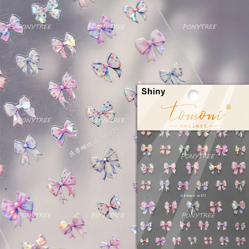 Shiny Pink Silver Gold Bowknot Tie Line Mini Delicate 3D 5D Self Adhesive Nail Art Stickers Embossment Rhinestone Manicure Decal (Online Order Only)