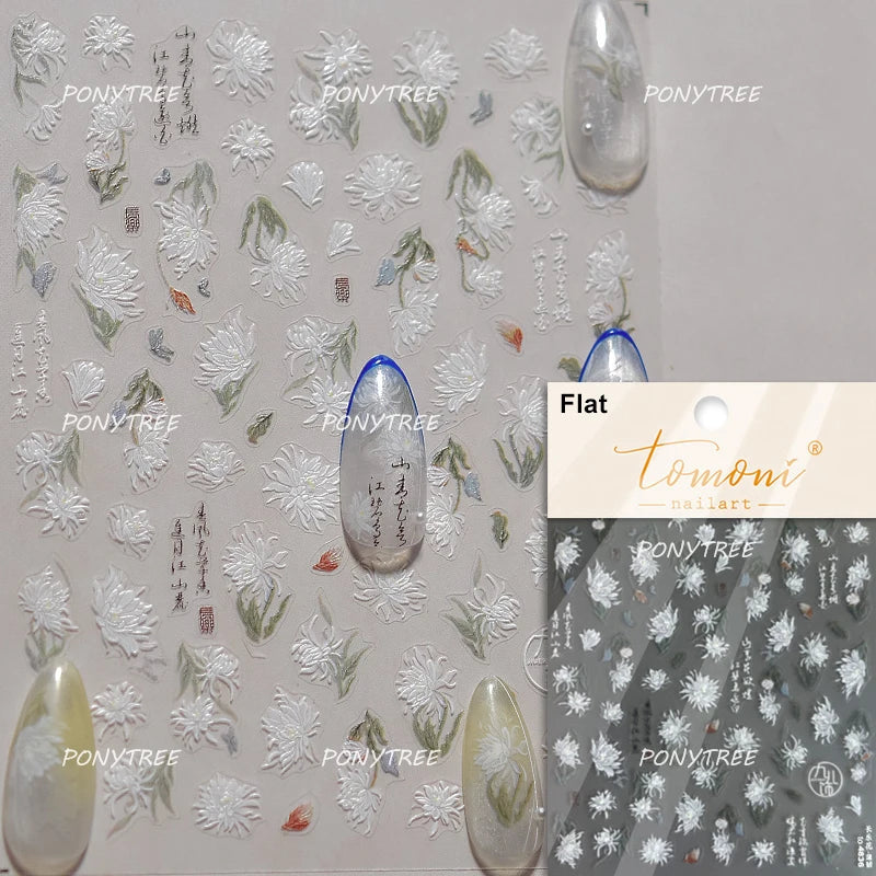 Trumpet Creeper White Flower Purple Leaves Antique Special Characters 5D Soft Relief Adhesive Nail Art Stickers Manicure Decals (ONLINE ORDER ONLY)