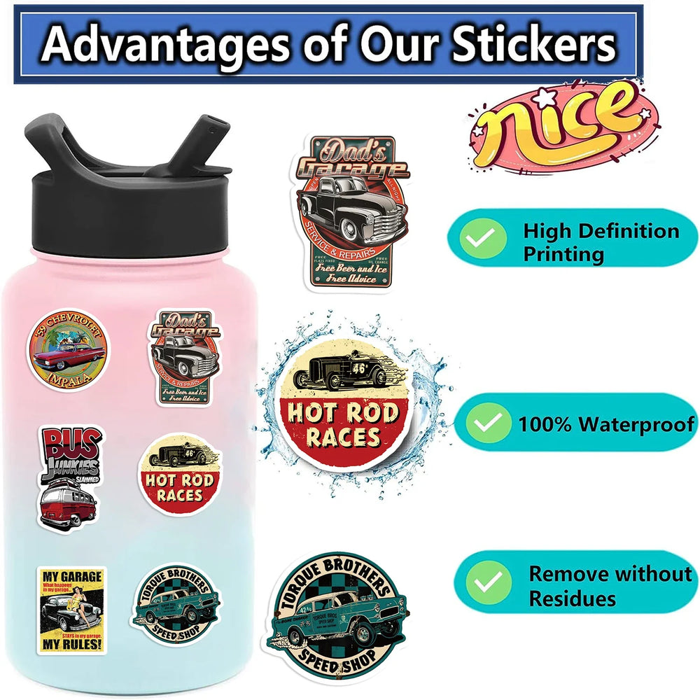 50PCS Cartoon Retro Classic Car Sticker Graffiti Waterproof Creative Trendy For Skateboard Water Cup Personalized Decal Stickers (Online Order Only)