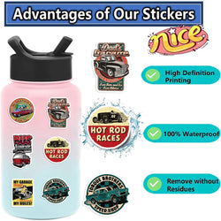 50PCS Cartoon Retro Classic Car Sticker Graffiti Waterproof Creative Trendy For Skateboard Water Cup Personalized Decal Stickers (Online Order Only)